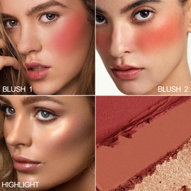 GEUUFEA 3 Color Highlighter Makeup Palette, Matte Powder Blush for Cheeks, Lightweight, Blendable, Shimmer Shadow Powder with Mirror, Easy to Create Natural Three-dimensional Look