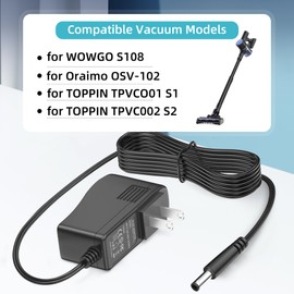 Charger for Wowgo S108 Cordless Vacuum Cleaner Power Cord for Oraimo OSV-102 Cordless Stick Vacuum Adapter for TOPPIN TPVC001 S1 TPVC002 S2 Cordless Vacuum