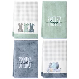 Macarrie 4 Pcs Watercolor Easter Kitchen Towels,Easter Egg Bunny Rabbit Dish Towel,17x26 Inch Bathroom Hand Towel,Absorbent Rustic Spring Tea Towel for Kitchen Bath Decor(Blue and Green,Plaid)