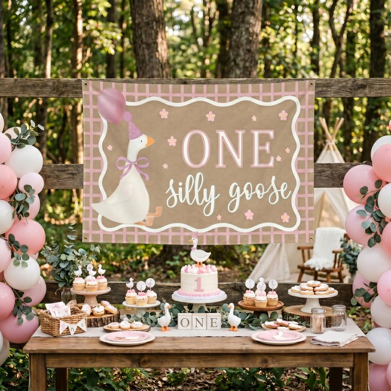 OPUHOHR Goose Pink Banner for One Silly Goose Birthday Decor
