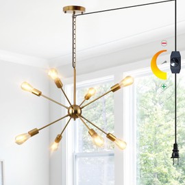 HOXIYA DIMMABLE 26.3" Modern Plug in Sputnik Chandelier with Cord, Brushed Brass 8-Lights Pendant Light Fixture, Midcentury Hanging Ceiling Lighting for Foyer, Entryway, Bedroom, Dining Room, Kitchen