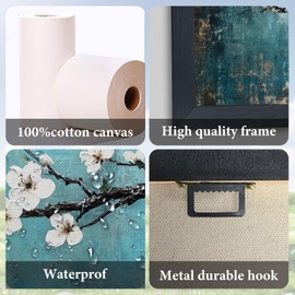 Large Zen Flowers Wall Art, Oversized Plum Blossom Pictures Wall Decor, Botanical Floral Canvas Prints Painting, Extra Blue Framed Artwork for Living Room Bedroom Office Bathroom Corridor Dining Room 36"x 24"