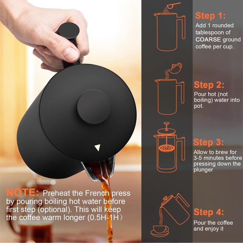 Secura French Press Coffee Maker with 3-Layer Stainless Steel Filter,