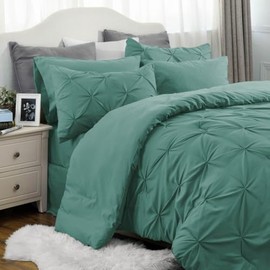 7 Piece Bed in Bag All Seasons Fluffy Comforter Set King Size | Pretty Pintuck Pinch Pleat Geometric Pattern Shabby Chic Bedding | Greyish Teal Green Color Soft Plush Cozy Feel Farmhouse Look