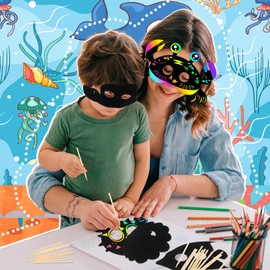 Realspring 60 Pcs Ocean Animals Scratch Paper Mask 12 Styles Sea Theme Scratch Cards DIY Masks Craft Kit for Scratch Party Favors Under the Sea Decorations Activity Birthday Party
