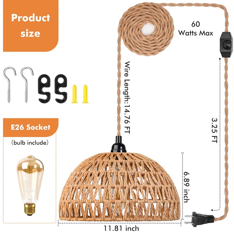 Plug in Pendant Light Rattan Hanging Lamp with 15 Ft