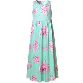 Perfashion Girls' Sleeveless Maxi Dress with Pockets, Mint_Pink Rose, 160/12-13T