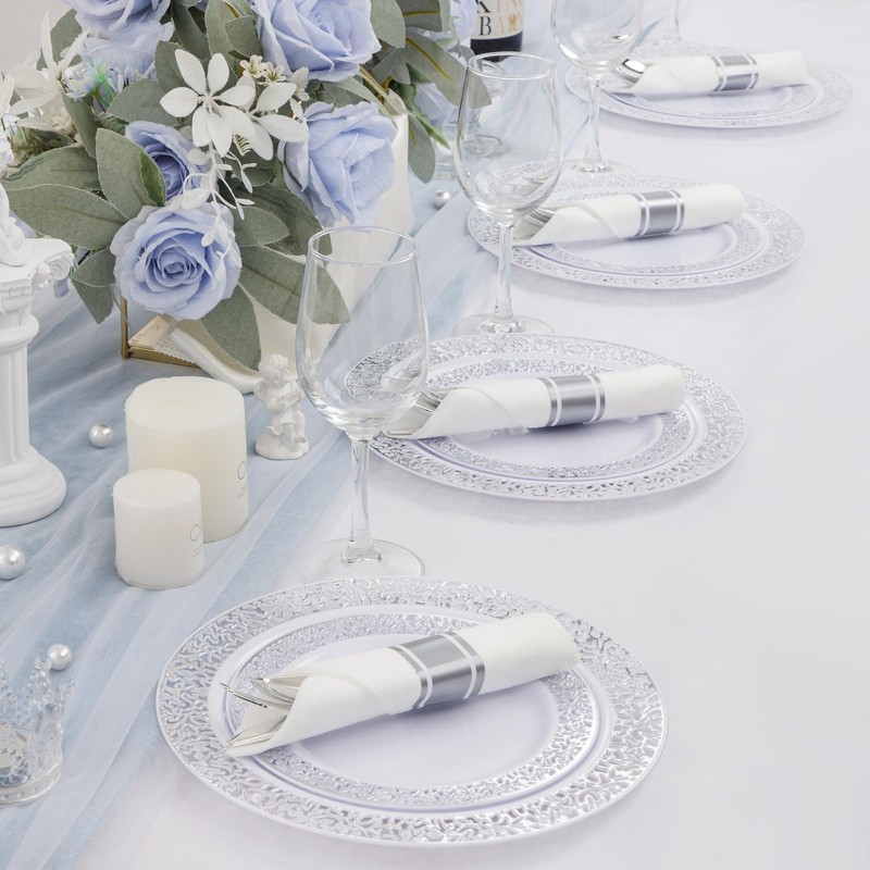 Supernal 60 Pack Pre-Rolled Silver Plastic Cutlery Heavy Duty Wrapped