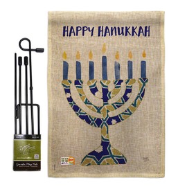 Breeze Decor Hanukkah Menorah Garden Flag Set with Stand Winter Candle Bonsai Jewish Chanukah David Small Decorative Gift Yard House Banner Double-Sided Made in USA 13 X 18.5