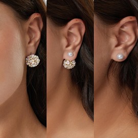 Shell Flower Pearl Earrings Ball Pearl Double Sided Stud Front Back Earrings for Women 14k Gold Plated inlaid Created zircon (C-Golden)