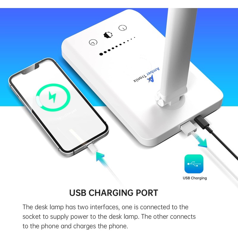 Ambertronix LED Desk Lamp with USB Charging Port, Dimmable Eye-Caring