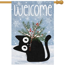 Winter Garden Flag 28 x 40 Inch Double Sided for Outside, Black Cat Pine Tree Branches Snowflake Christmas Winter Welcome House Flag