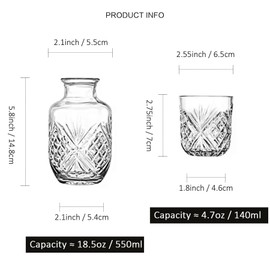 Bedside Water Carafe with Cup, Modern Water Pitcher Set for Bedroom Nightstand, Bedside, Ticked Glass Mouthwash Decanter for Bathroom (18.5 oz, Clear)