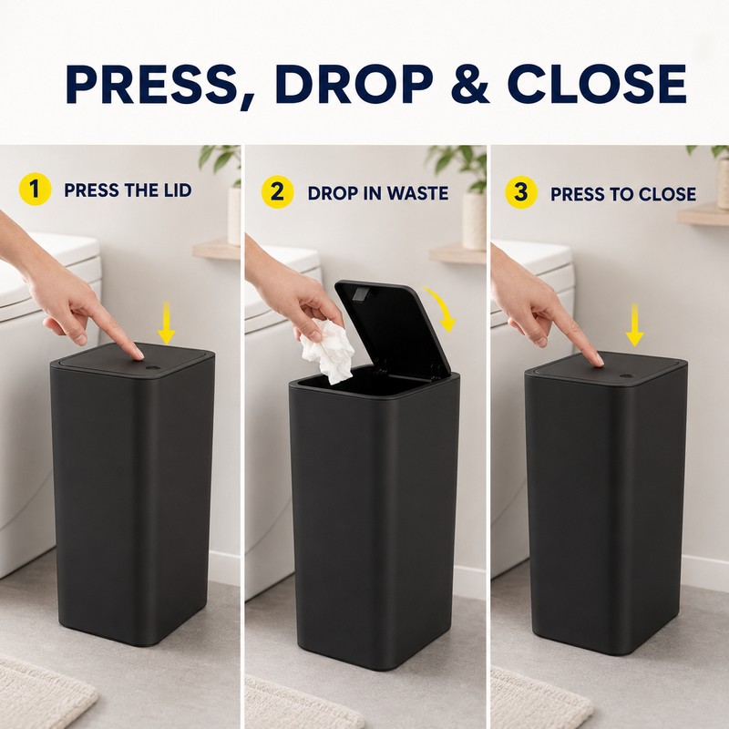 10L Slim Bathroom Trash Can with Press Top Lid, Black