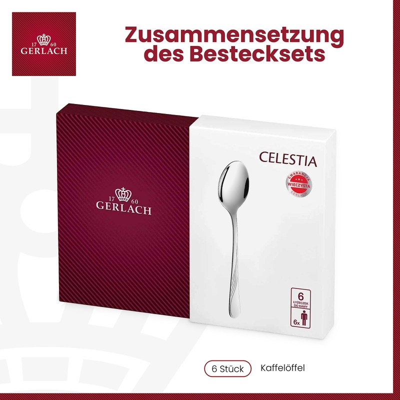 Gerlach 1760 Celestia Coffee Spoon Set for 6 People, Dishwasher