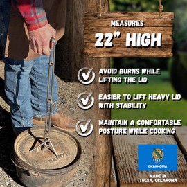 Dutch Oven Lid Lifter Tool - Kent Rollins Cowboy Campfire Dutch Oven Accessories for Easy Cooking & Lifting Covers - Cast Iron Accessories & Tools from Tulsa, Oklahoma - Approx. 22 Inches