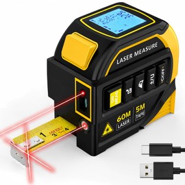 TEPU Laser Tape Measure 4-in-1, 197FT Laser Distance Meter with 16FT Auto-Lock Tape, Cross-Line Laser Level, Dual-Axis Angle, Backlit LCD, Distance/Area/Volume, Pythagorean Theorem & Angle Measurement
