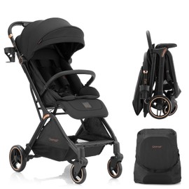 Gromast Gravity Folding Baby Stroller - Portable Travel Toddler Stroller w/Adjustable Backrest & Canopy, Lightweight and UV Protected, One-Hand Automatic Folding - Black