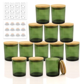 YZEROBAMB 12 Pack 10 OZ Thick Heat-Resistant Glass Candle Jars with Bamboo Airtight Lids, Empty Storage Container DIY Candle Making Jar, Labels, Gifts, Green