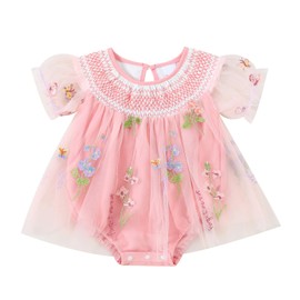 BRICUTESK Infant Toddler Baby Girl Tulle Rompers Dress Summer Outfit Clothing 6-9 Months Pink lace Chiffon Puff Short Sleeve Bodysuit