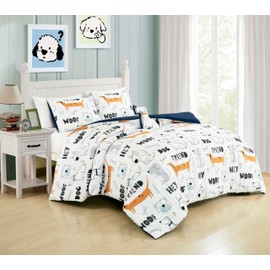 Chezmoi Collection 3-Piece Cartoon Dogs Kids Bedding Set Twin Size - Black White Brown Gray Soft Microfiber Comforter Set w/Dog Throw Pillow for Kids Teens