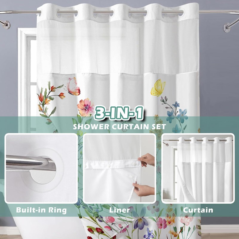 Shellspace No Hook 3 in 1 Shower Curtain with Snap