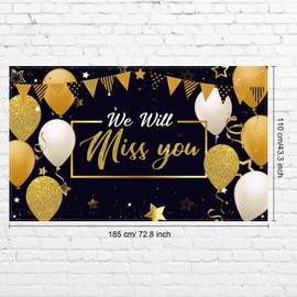 We Will Miss You Party Decorations, Extra Large Going Away Backdrop Miss You Photography Background Banner for Farewell Anniversary Retirement Graduation Party, 72.8 x 43.3 Inch(Black, Gold)