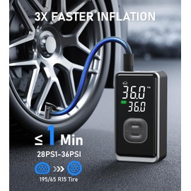 Tire Inflator Portable Air Compressor, 150PSI Cordless Mini Air Pump with Digital Pressure, Bike Pump, 3X Fast Inflation Tire Inflator for Car, Motorcycle, Bike, Ball-LED Light and Auto Shut-Off