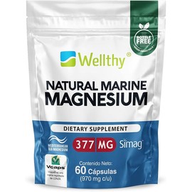 Wellthy Magnesio Marino Francés garantizado SIMAG 60 servicios por envase solo una cápsula al día. La más alta Biodisponibilidad y absorción. Cápsulas Veganas, Bottle Free, Mediterranean Magnesium