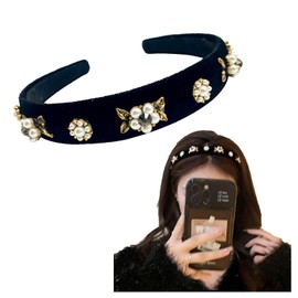 Lapimou Hair Headband for Painless Hair Accessories, Women's Velour, Pearl, Thick, Popular, Cute, Painless, Korean Black Stone (Black, Free)