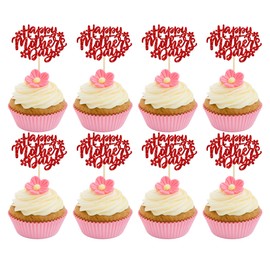 24 piezas de decoración para magdalenas del día de la madre feliz para magdalenas del día de la madre, flores con purpurina, decoración para tartas de fiesta de cumpleaños de la madre, color rojo
