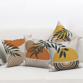 Boho Pillow Covers 16x16 Inch, Mid Century Abstract Arch Throw Pillow Covers Terracotta and Yellow Linen Pillow Cases for Sofa Couch Car, Set of 4 (No Inserts)