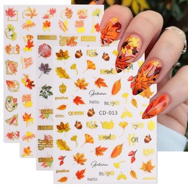 Fall Nail Art Stickers Decals Autumn Maple Leaf Nail Stickers 6PCS 3D Self-Adhesive Fall Leaf Pine Nut Letter Gold Bronzing Nail Designs Manicure Decal Accessories for Acrylic Nails Art Decorations