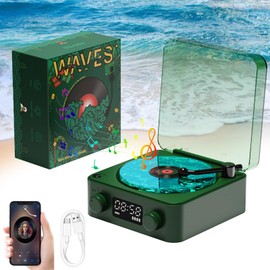 Vinyl Record Player with Water Waves Lamp, Dark Green Waves Vinyl Player, Waves Vinyl Bluetooth Turntable, Portable Wireless Retro Turntable for Bedroom, Office, Party