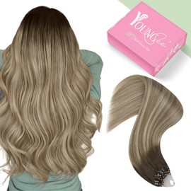 YoungSee Micro Beads Hair Extensions Balayage Micro Loop Hair Extensions Dark Brown Ombre Brown with Blonde Micro Hair Extensions 22In Soft and Shiny Hair for Women 50s/50g