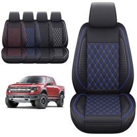Tomatoman Front Seat Covers Fits for 2009-2025 F-150 2017-2025 F250 F350 F450 Supercab King Ranch Hybrid Limited PowerBoost Waterproof Leather Automotive Vehicle Cushion(2PCS Front/Black-Blue)