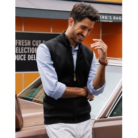 Mens Sleeveless Sweater Vest Zip Up Classic Stand Collar Knitted Sweater Vest for Office Black
