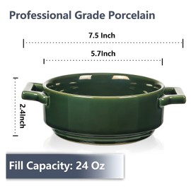 Vicrays Ceramic Soup Bowls with Handles, 24 Oz Porcelain Soup Crocks for French Onion Soup, Cereal, Beef Stew, Chill, Pasta, Pot Pies, Microwave and Oven Safe, Set of 4 (Green)