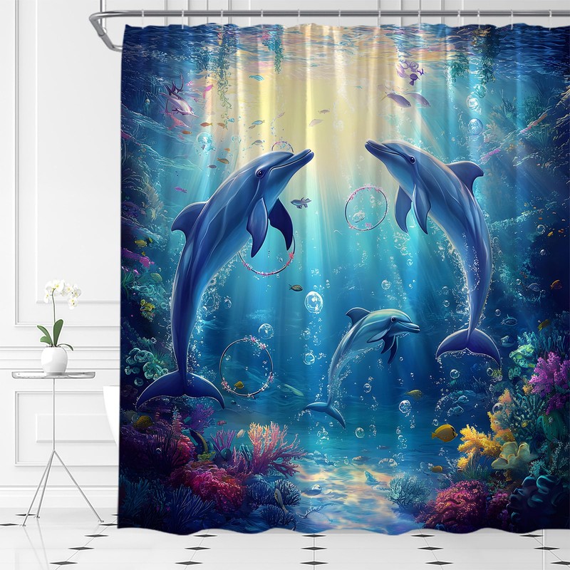 UEAUUN Funny Dolphin Shower Curtain Underwater World Tropical, 70x70 Inch