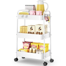 TOOLF 3-Tier Metal Rolling Cart, Utility Cart with Hooks Trolley on Wheels Storage Organizer Serving Cart Mobile Rolling Storage Cart for Office, Bathroom, Kitchen, Kids' Room, Classroom White