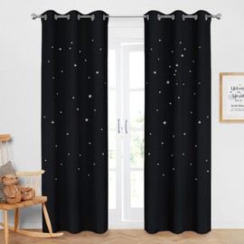 NICETOWN Black Blackout Kids Curtains for Baby Nursery Bedroom 84 Inches Long, Thermal Insualted Star Cutout Silver Glitter Star Insulated Privacy Window Shade for Living Room, 1 Panel, 42x84