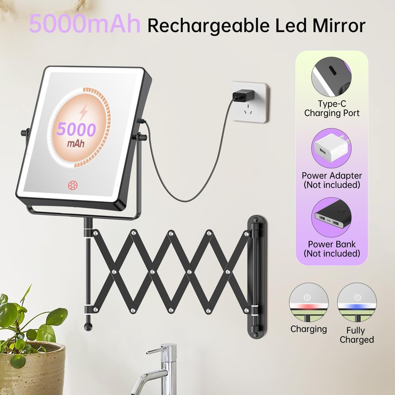 FASCINATE 5000mAh Rechargeable Wall Mounted Makeup Mirror with Lights, 8.7