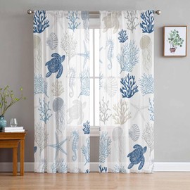 Blue Nautical Ocean Sheer Curtains 84 Inch Length 2 Panels Set, Coastal Coral Sea Turtle Kitchen Curtains Sheer Rod Pocket Privacy Drapes Summer Beach Starfish Window Curtains for Living Room Bedroom