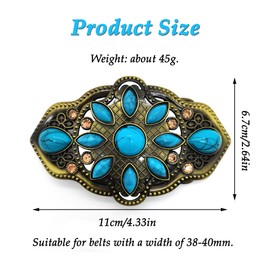 CHENNAN Bohemian Style Western Belt Buckle with Turquoise Stone, 38 mm - 40 mm, Oval Flower Shaped Belt Clasp Made of Synthetic Turquoise, Vintage Turquoise Belt Buckle for Men and Women, Blue C