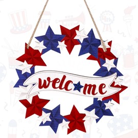 4th of July Decorations Welcome Wreath for Front Door Wooden Red White and Blue Star Independence Day Sign, Patriotic Memorial Day Wooden Hanging Sign Porch Home Wall Outside Decor (D-Blue)