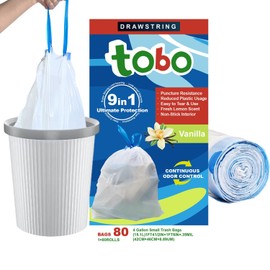 Tobo Drawstring Small Trash Bags - OdorShield, 4 Gallon, 80 Count, White, Vanilla Scent, Leak-Resistant & Tear-Resistant, Easy-Tear, Fits Bathroom, Kitchen, and Office Trash Cans