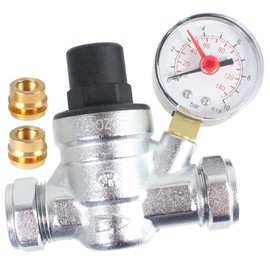 SPARES2GO Boiler Pressure Reducing Regulator Valve with Gauge for 22mm & 15mm Copper Piping
