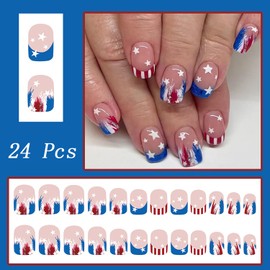 24pcs 4th of July Press on Nails Short Square Independence Day Fake Nails Red Blue French Tip False Nails with Stripe Design Star Stick on Nails Patriotic Acrylic Full Cover Glue on Nails for Women