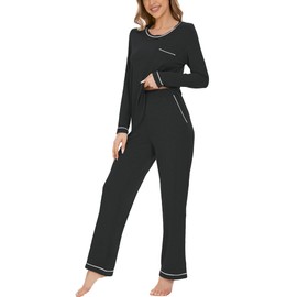 GYS Women's Bamboo Viscose Pajamas Set Long Sleeve Crew Neck Sleepwear Super Soft Pjs Lounge Sets, Black, XX-Large