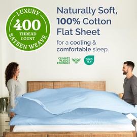 Cal King 400 Thread Count 100% Cotton Flat Sheet - Comfortable, Cooling & Breathable Cotton - Top Flat Sheet Only - Luxury Hotel Quality Bedding - Soft and Comfy - Easy Care, Wrinkle Free - Light Blue